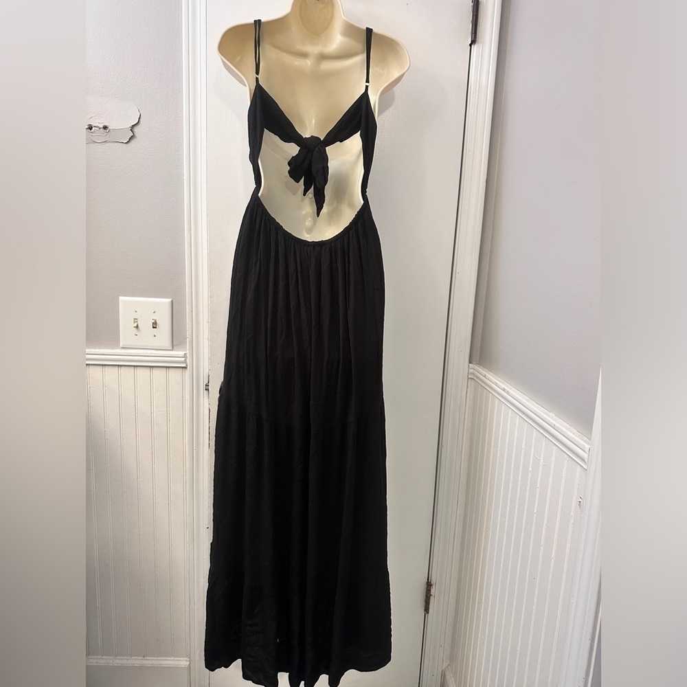 Revamped Black Cutout Maxi Dress Crochet Lace Adjustable Straps 100% Rayon M - Picture 3 of 11